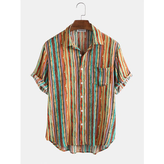 Men Stripe Short Sleeve Beach Shirt. In Blue or Brown