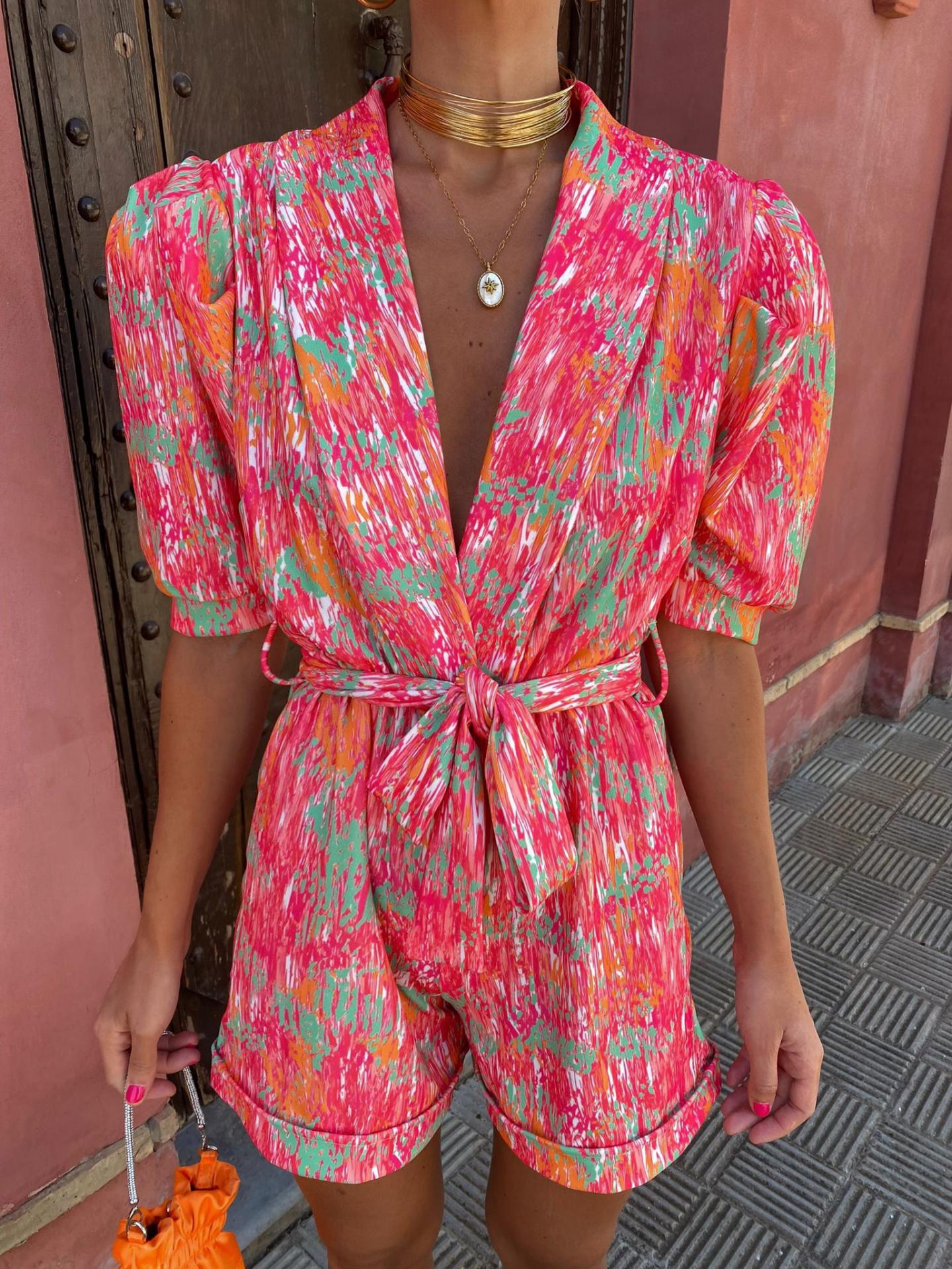 Jess Deep V-neck Puff Sleeve Printed Belt Jumpsuit. Two colour options