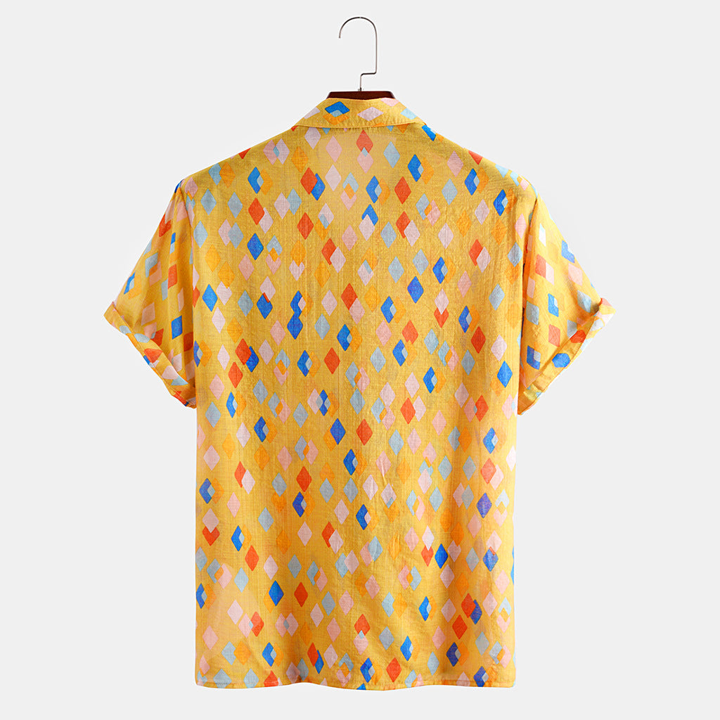 Nate Shirt. Casual beach men's cotton print yellow shirt
