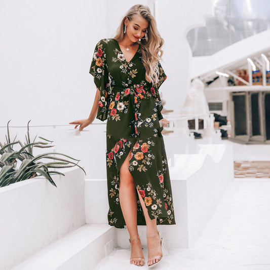 Printed Long Slit Dress in green or navy